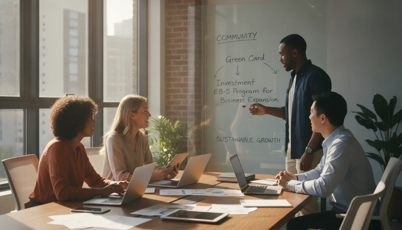 Grupo diverso de empreendedores colaborando em co-working, discutindo estratégias EB-5 para crescimento de negócios.