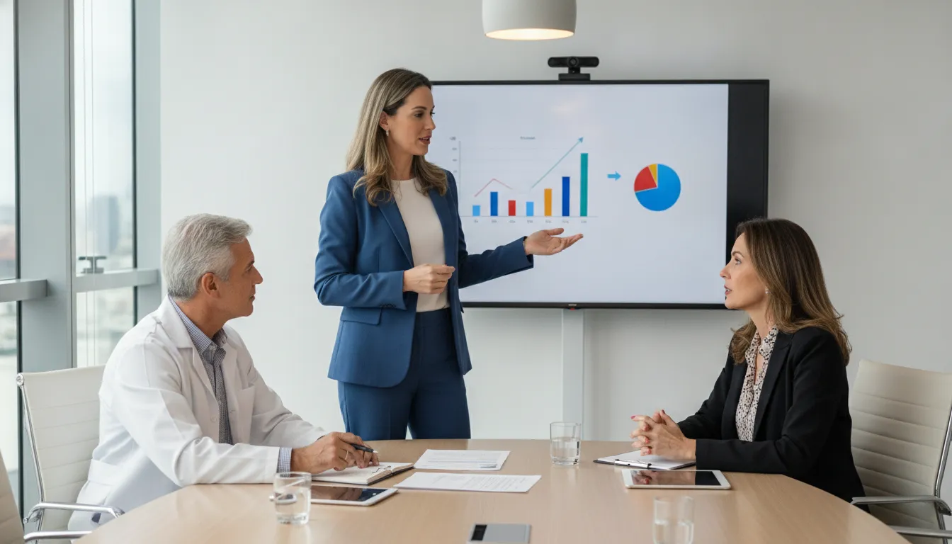 Equipe Financia Tudo e dentista discutem soluções de crédito para dentistas em reunião consultiva.