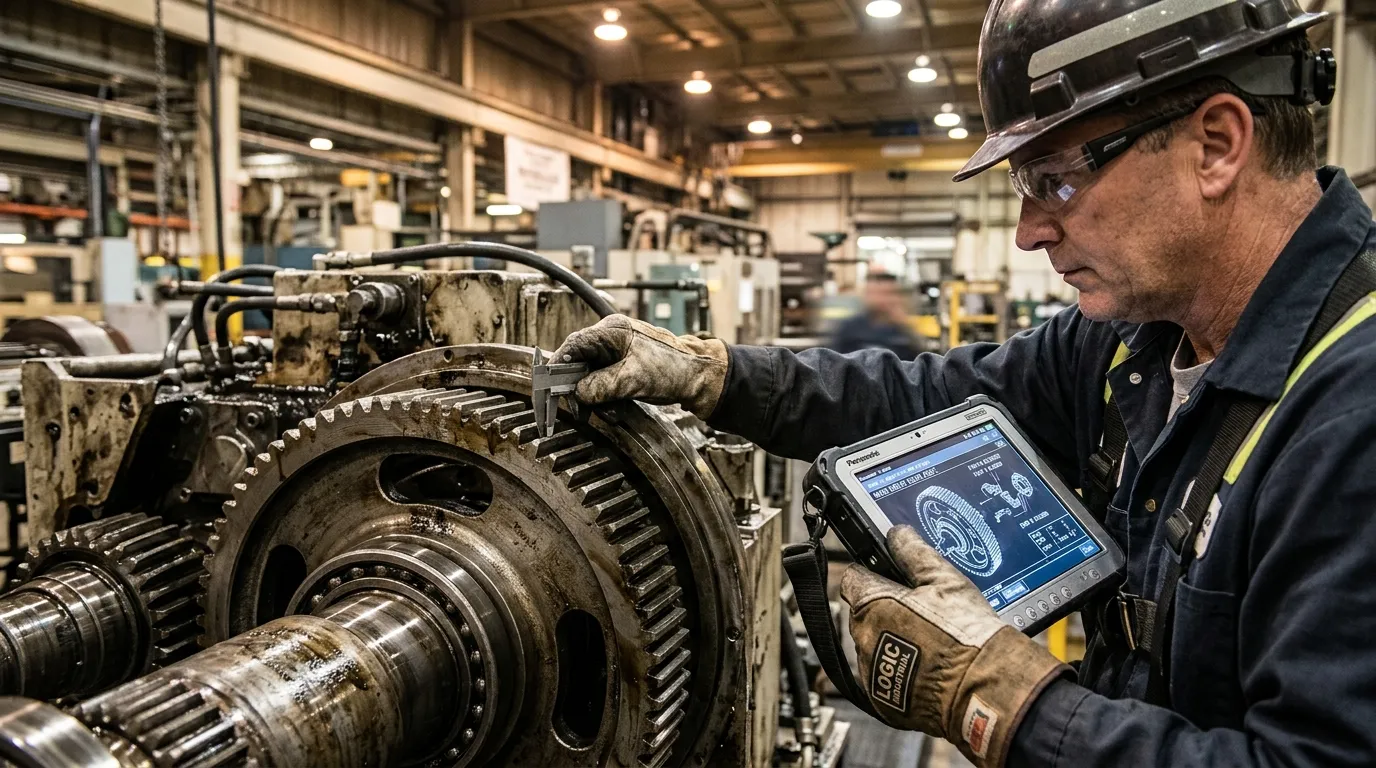 Técnico inspeciona equipamento industrial usando software para gerenciamento de manutenção.