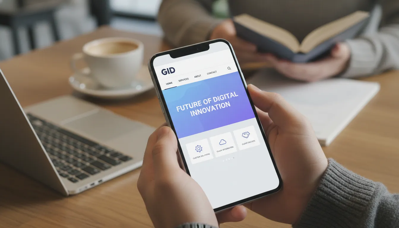 Primer plano realista de un smartphone que muestra un sitio web bien diseñado, enfatizando la importancia site empresa para la accesibilidad móvil. Logotipo de GID.