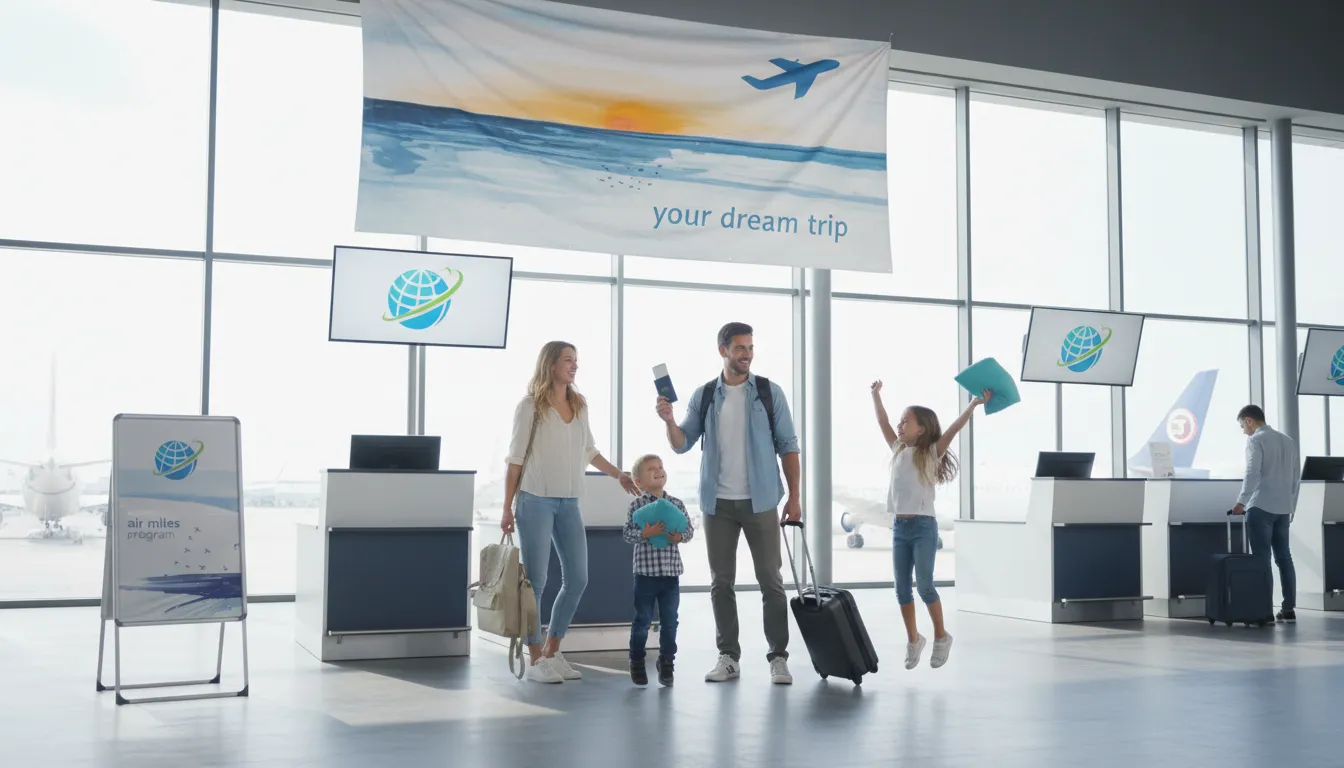 Família feliz no check-in do aeroporto, com banner da Viagente destacando o programa de milhas aéreas para viagens dos sonhos.
