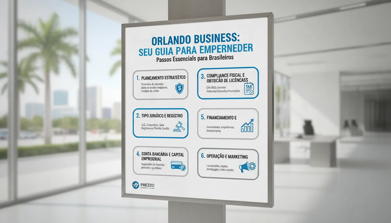 Infográfico detalhado mostrando os passos de como abrir empresa em Orlando para brasileiros, com ícones de registro, impostos e planejamento financeiro.