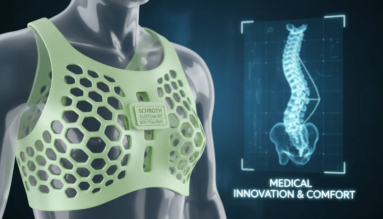 Colete 3D Schroth moderno com estrutura leve e ventilada, demonstrando tecnologia e conforto avançados.