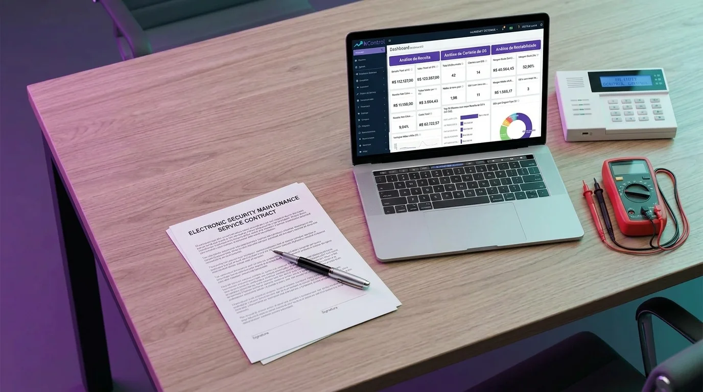 Mesa de escritório com modelo de contrato de manutenção preventiva e ferramentas técnicas.
