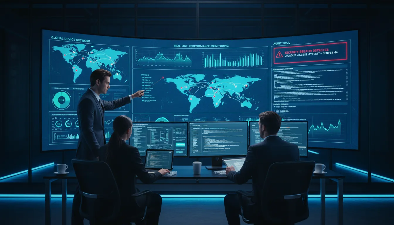 Profissionais de TI analisando painéis de gestão em tempo real e auditoria de segurança em sala de controle avançada.