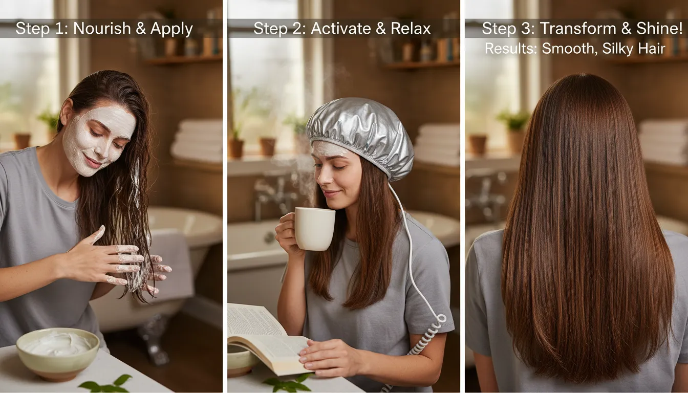 Aplicação de máscara, uso de touca térmica e resultado de cabelo suave e brilhante após nutrição.
