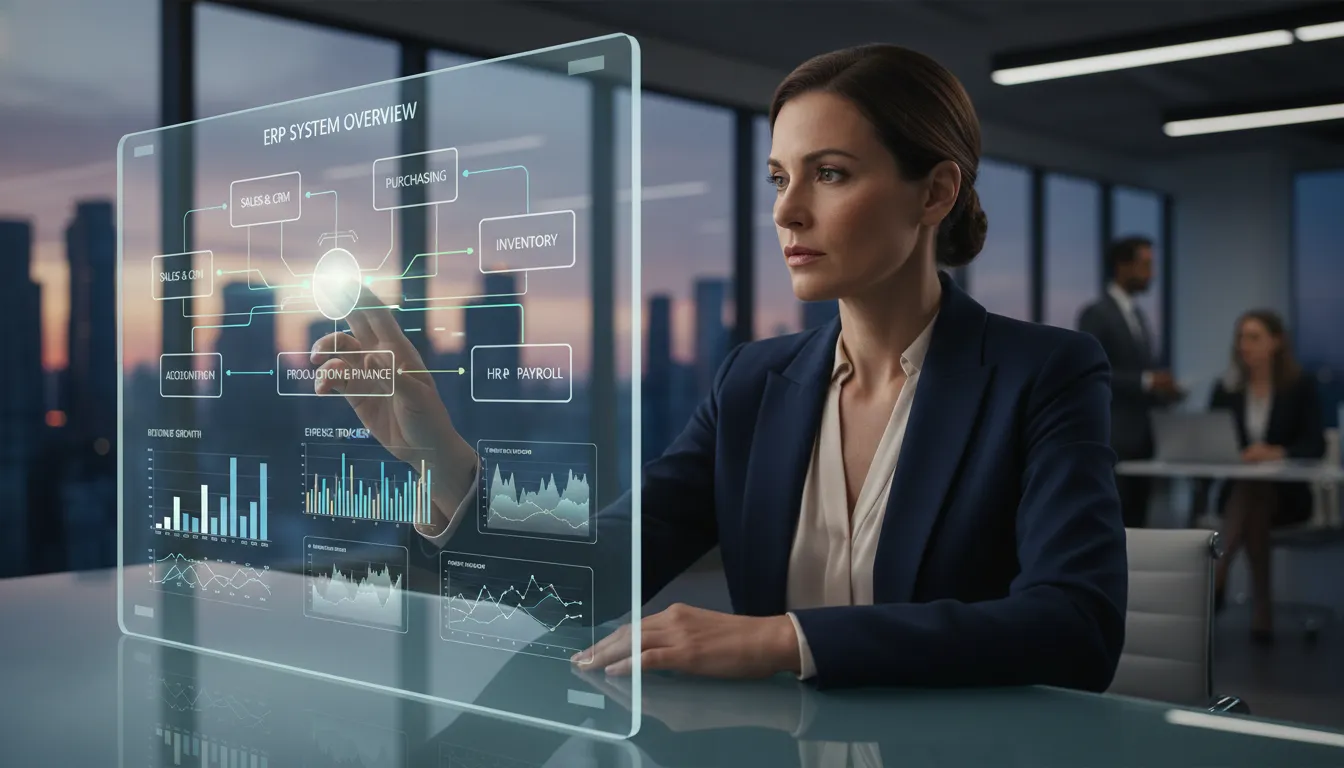 Gestora analisando módulos de ERP através de gráficos financeiros interativos em tela touch.
