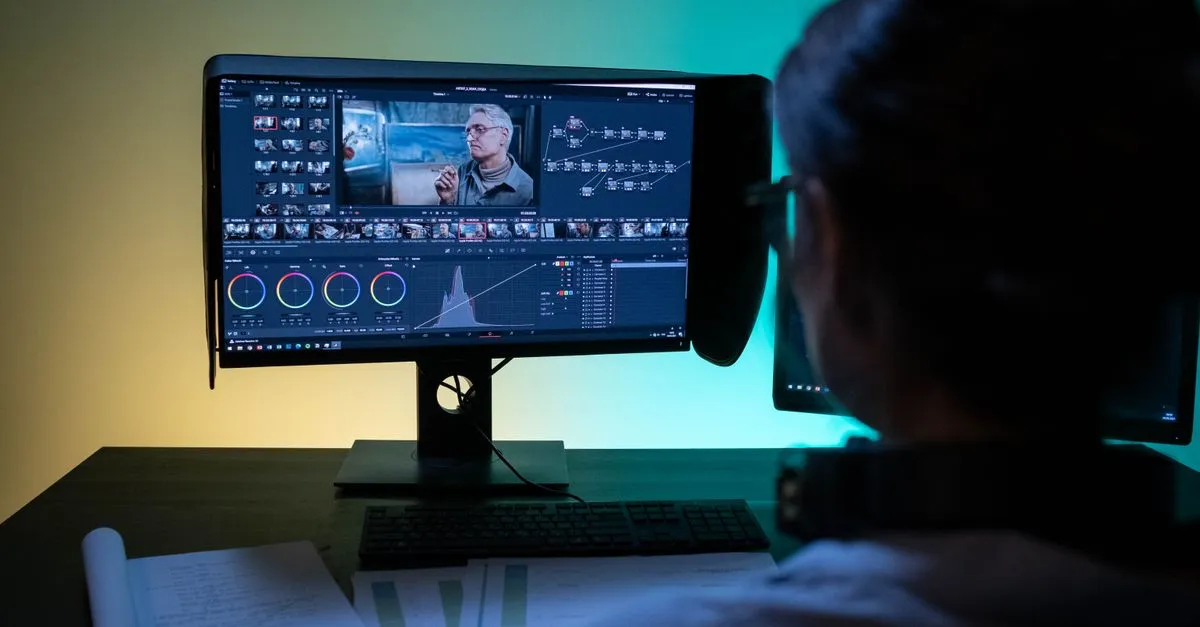 Professional wearing headphones looking at a screen to transcribe video to text on a computer.