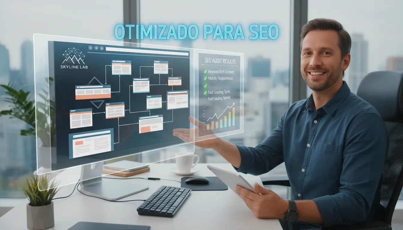Desenvolvedor apresentando a arquitetura de um site otimizado para SEO, mostrando expertise em desenvolvimentos de sites.