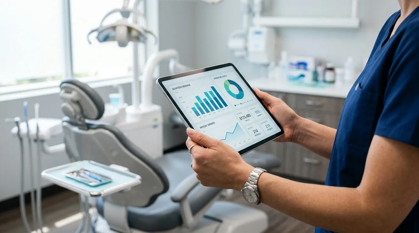 Tablet com graficos financeiros de clinica odontológica cnpj organizada e planejada.