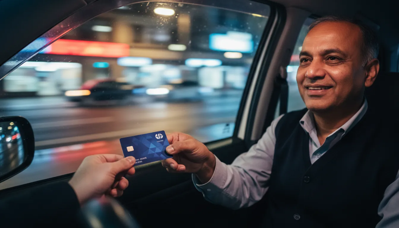 Cartão Pré Pago para despesas corporativas sendo usado para pagar uma corrida de táxi à noite.