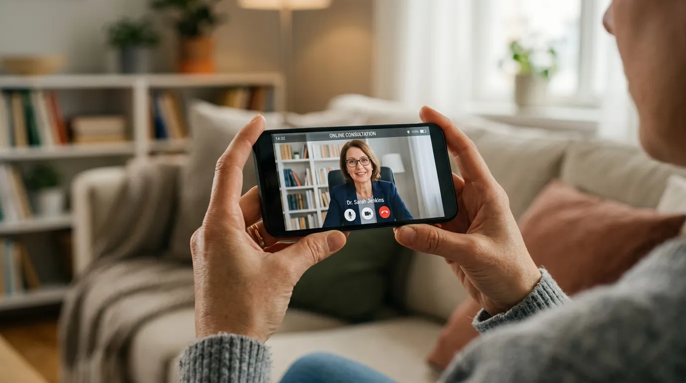 Paciente realiza sessão de psicanálise online pelo celular no conforto de casa.