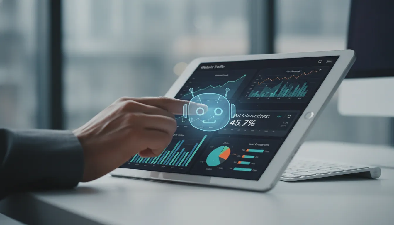 Rastreamento por IA: Mão interagindo com tablet exibindo dashboard de análise web e métricas de bots.
