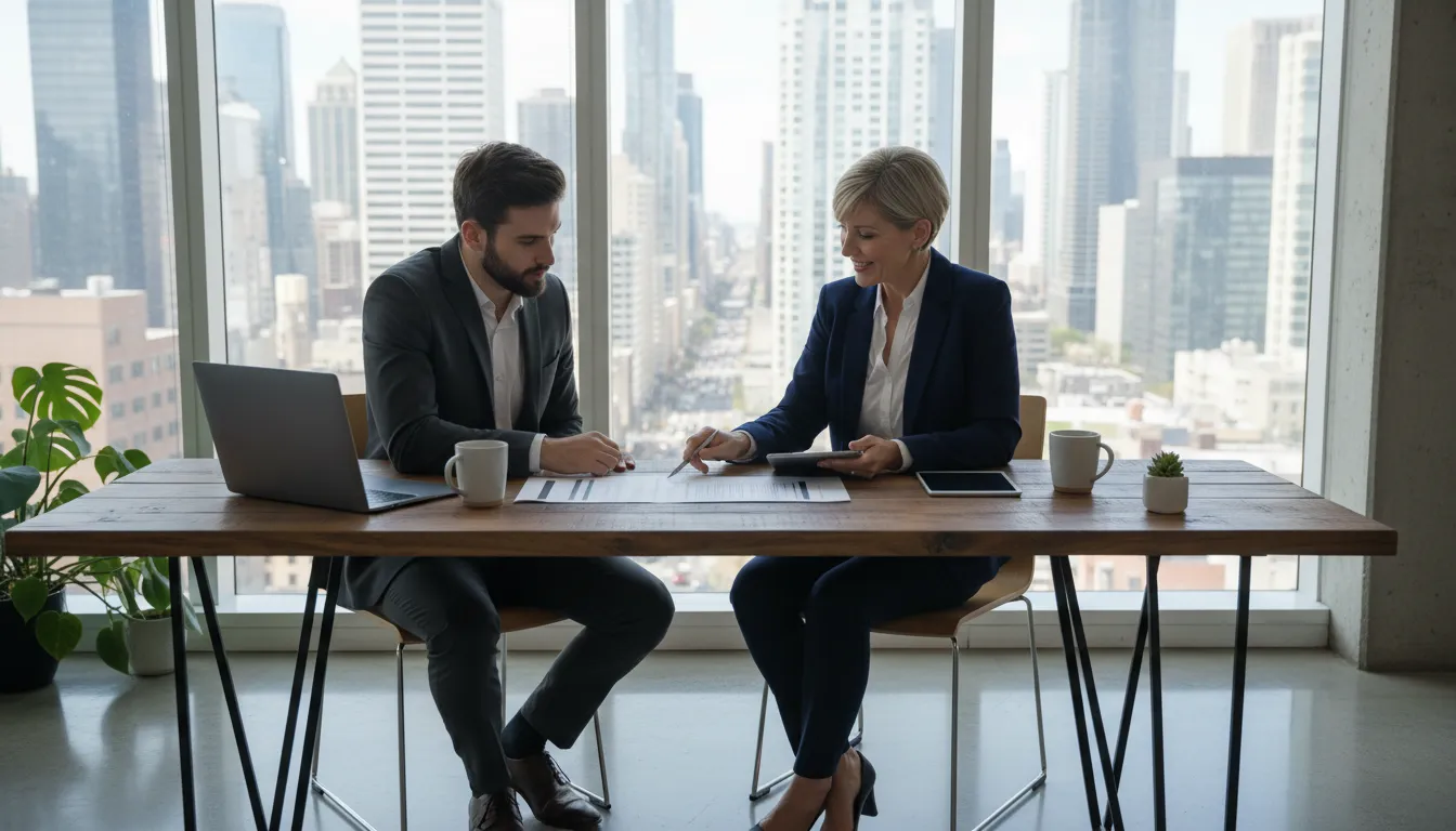 Jovem empreendedor revisando documentos financeiros com contador, mostrando 'Como abrir uma empresa na Florida' com clareza.