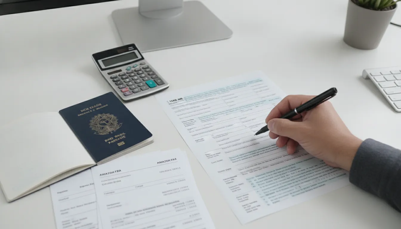Documentos fiscais EUA, passaporte brasileiro e recibos Amazon FBA em mesa organizada para declarar imposto.
