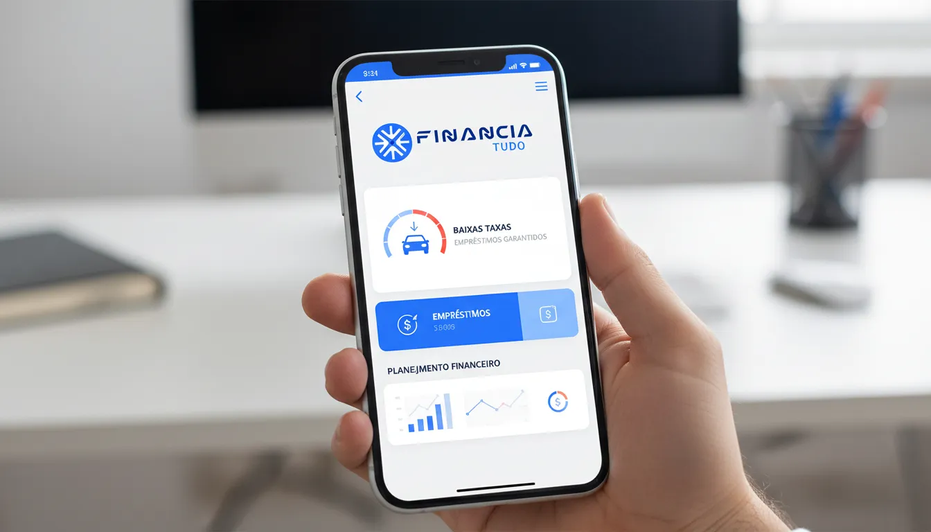 Interface do aplicativo Financia Tudo mostrando opções de crédito com veículo como garantia taxas baixas e planejamento financeiro facilitado.