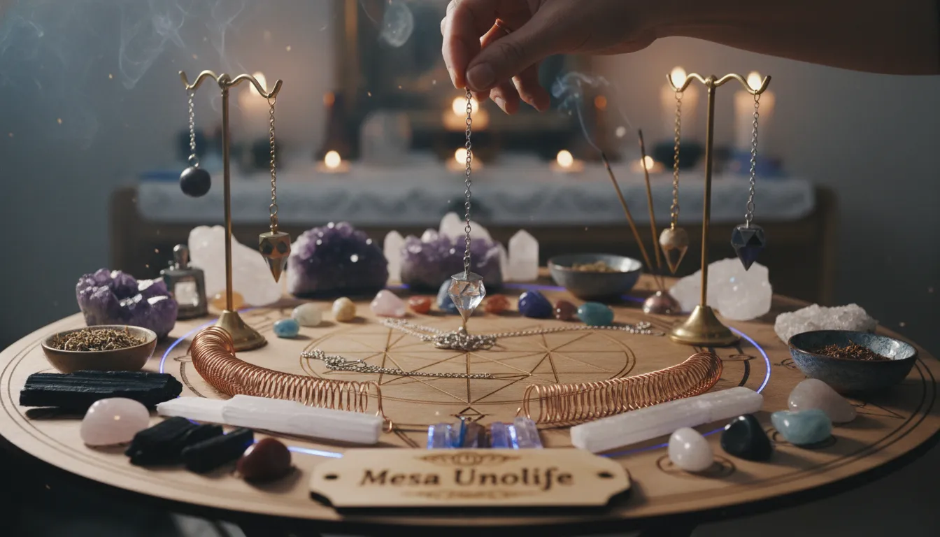 Detalhes da mesa apométrica com cristais e pêndulos, representando a energia e o equilíbrio que ela proporciona. Mesa Unolife: Harmonize sua energia com a mesa apométrica.