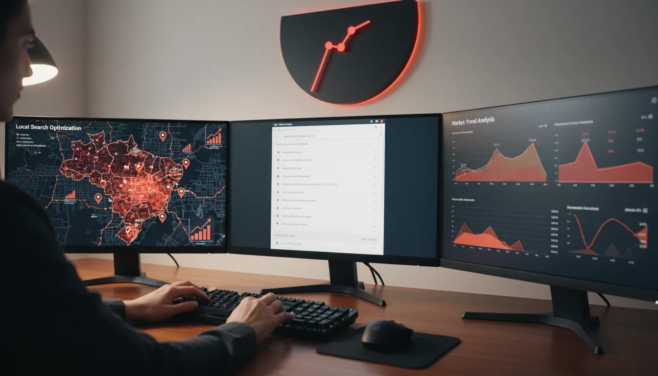 Telas de computador mostrando ferramentas de SEO/GEO, mapas com dados locais e palavras-chave para mapeamento de mercado digital.