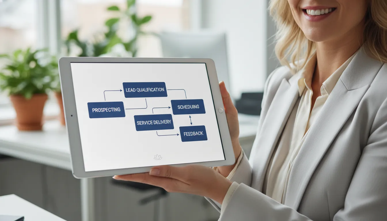 Tablet com fluxos de processos conectados, reforçando organização operacional em negócios wellness