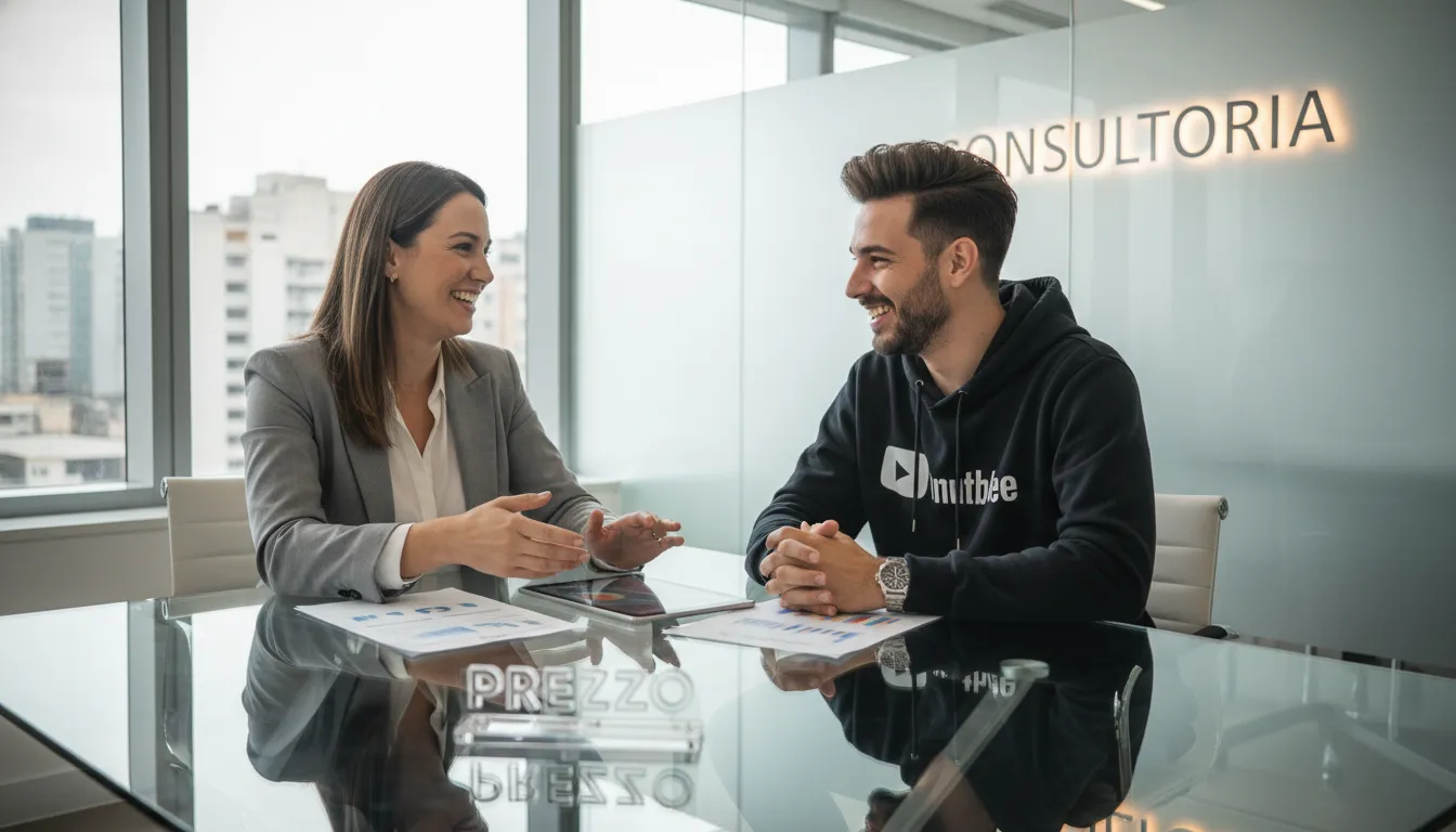 Consultor e youtuber reunidos discutindo estratégias financeiras, ilustrando a consultoria contábil para youtubers. Prezzo Contábil oferece suporte especializado.