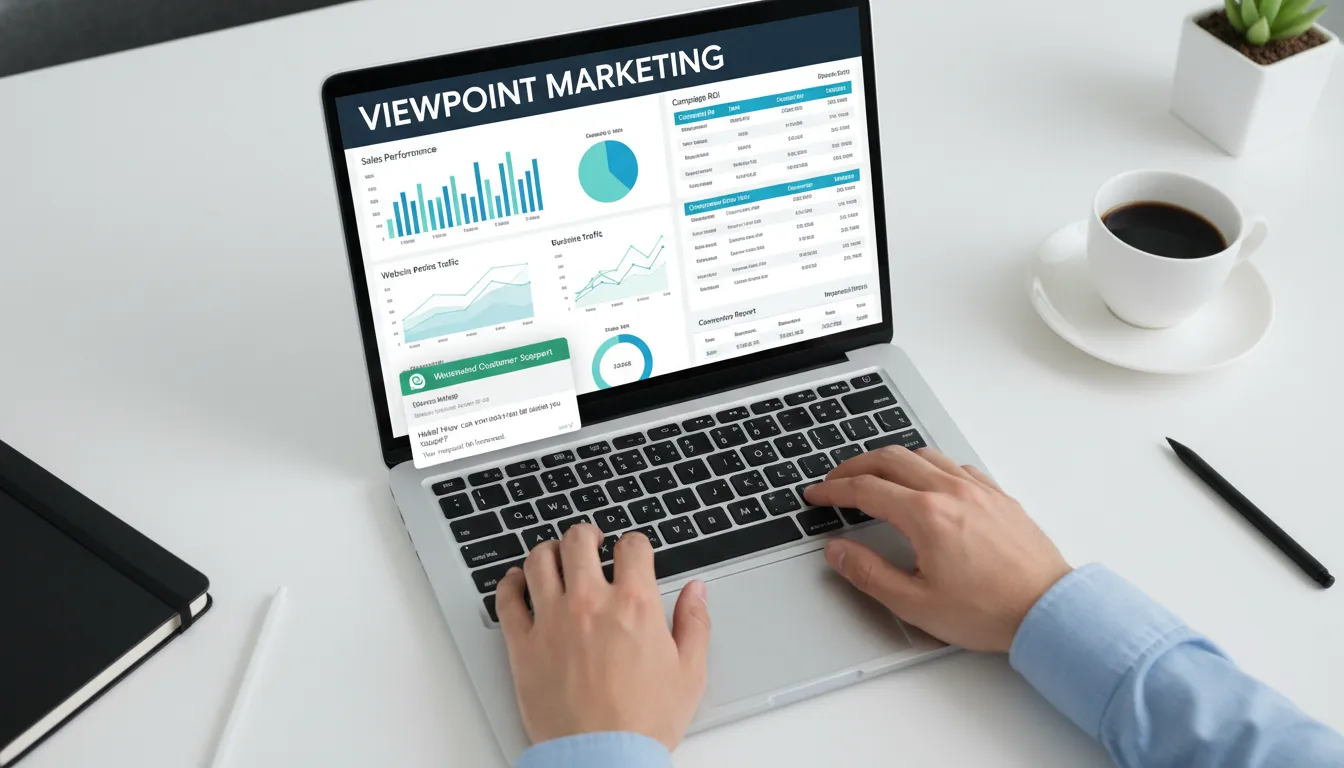 Visão superior de laptop com análise de dados e mensagem automática whatsapp business. Foco na automação de marketing e marca Viewpoint para wellness.