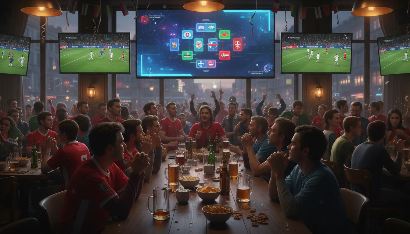 Bar esportivo animado com a exibição da tabela copa do mundo 2026 e torcedores engajados.