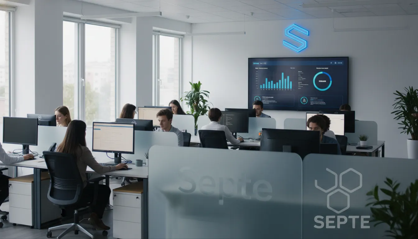Escritório moderno com tela exibindo status do backup empresarial corporativo da Septe.