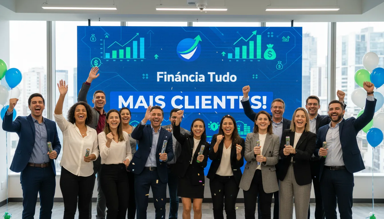 Grupo diverso de pessoas celebrando o sucesso de um programa de marketing de indicação, com gráficos de crescimento financeiro e o logo da Financia Tudo ao fundo.