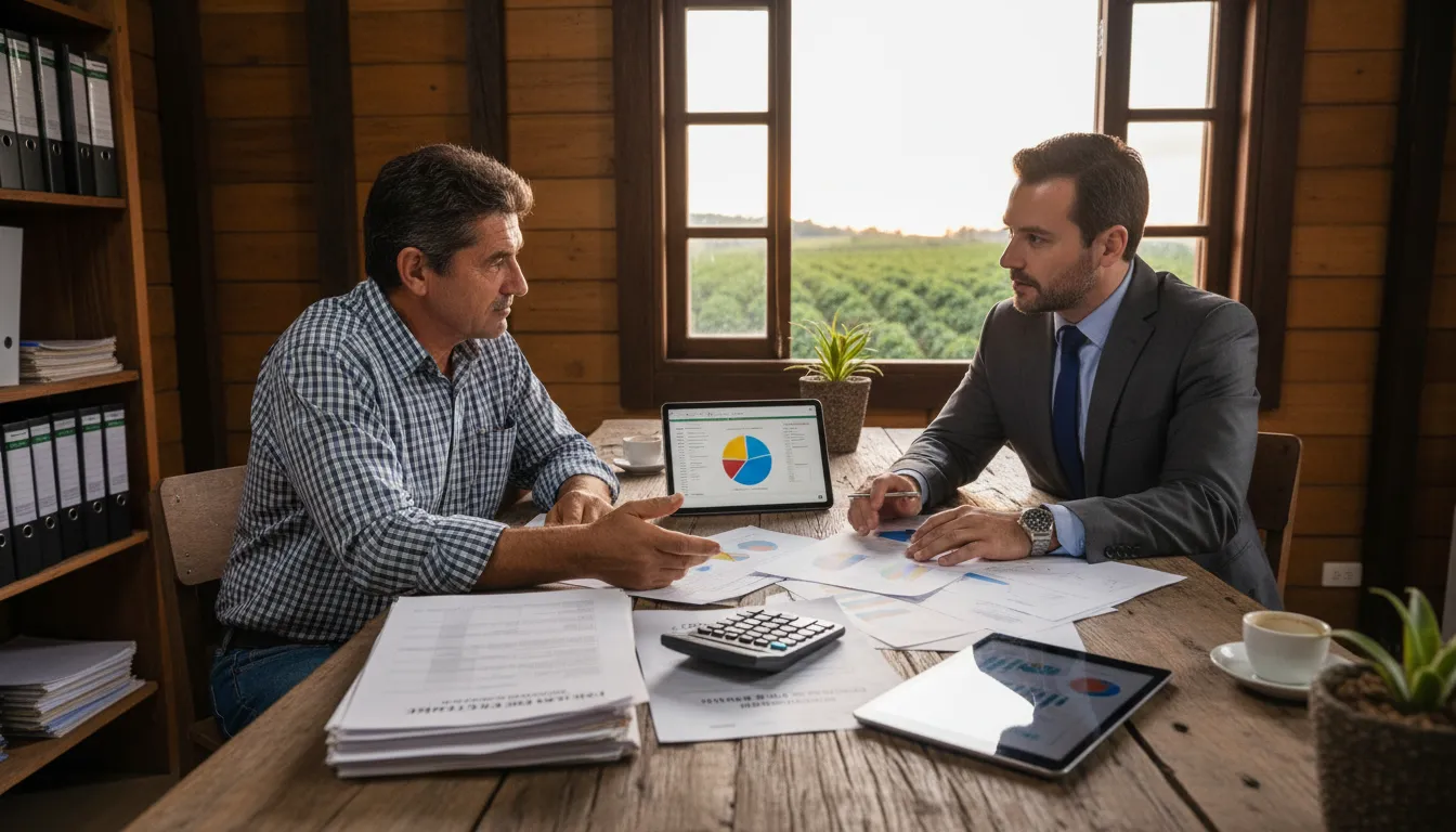 Produtor rural brasileiro com assessor discutindo finanças e crédito em escritório rural moderno.
