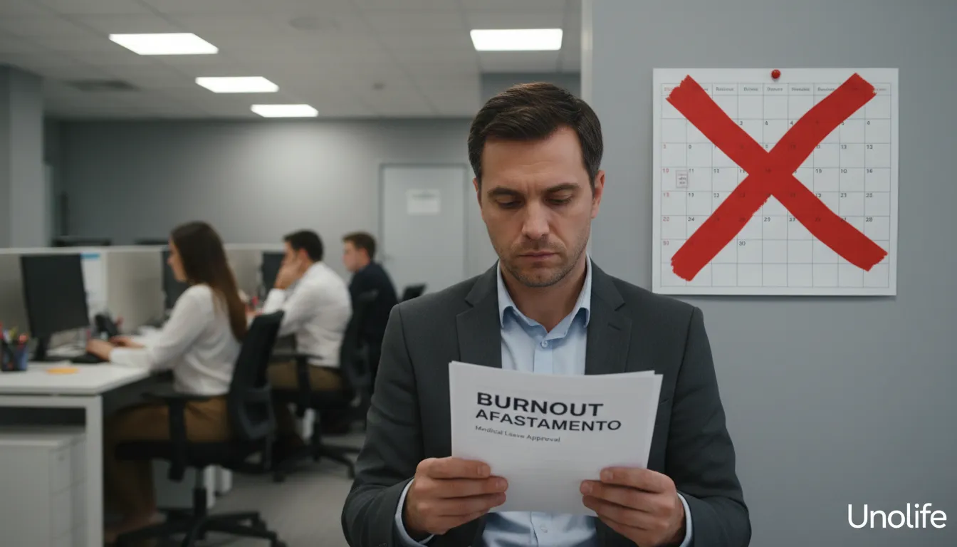 Imagem de um trabalhador olhando seus papéis de licença médica devido à síndrome de burnout, mostrando o aumento dos afastamentos. Unolife.