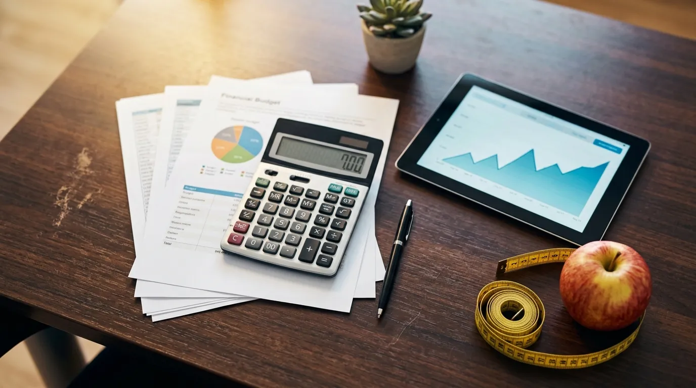 Planejamento e contabilidade para nutricionistas com calculadora gráficos e fita métrica sobre a mesa.