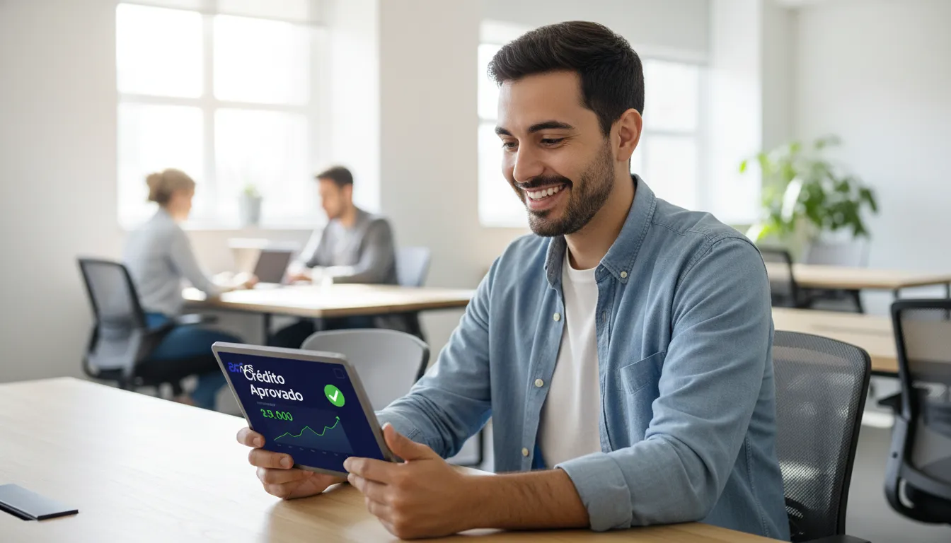 Homem sorridente e satisfeito, visualizando liquidez imediata em um tablet, ilustrando a solução para precatórios no RS.