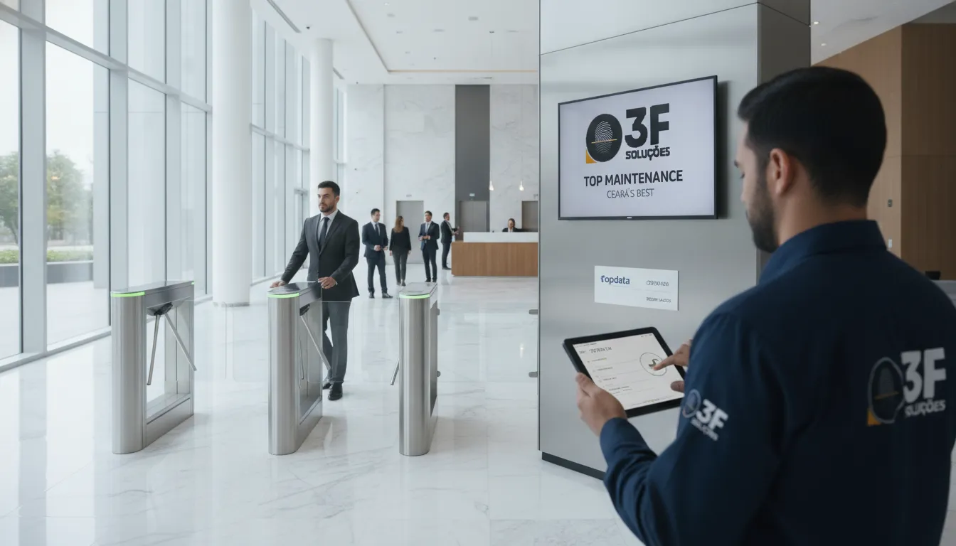 Manutenção preventiva de catraca Topdata Fortaleza assegura fluxo contínuo em lobby corporativo, por 3F Soluções.