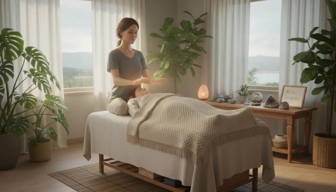 Terapeuta integrativo aplicando Reiki com ambiente de natureza e harmonia ao fundo.