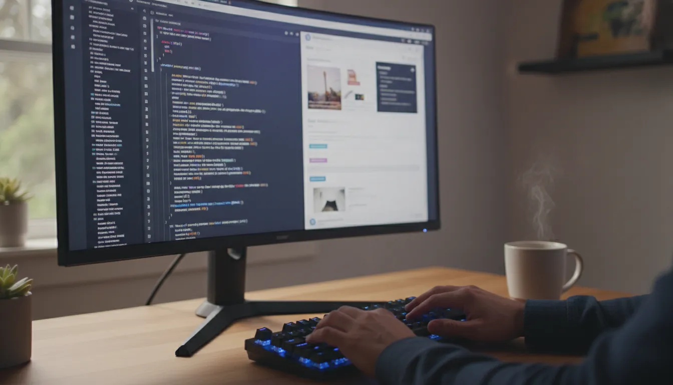 Mãos digitam código para site WordPress em home office, mostrando criação e personalização intuitiva.