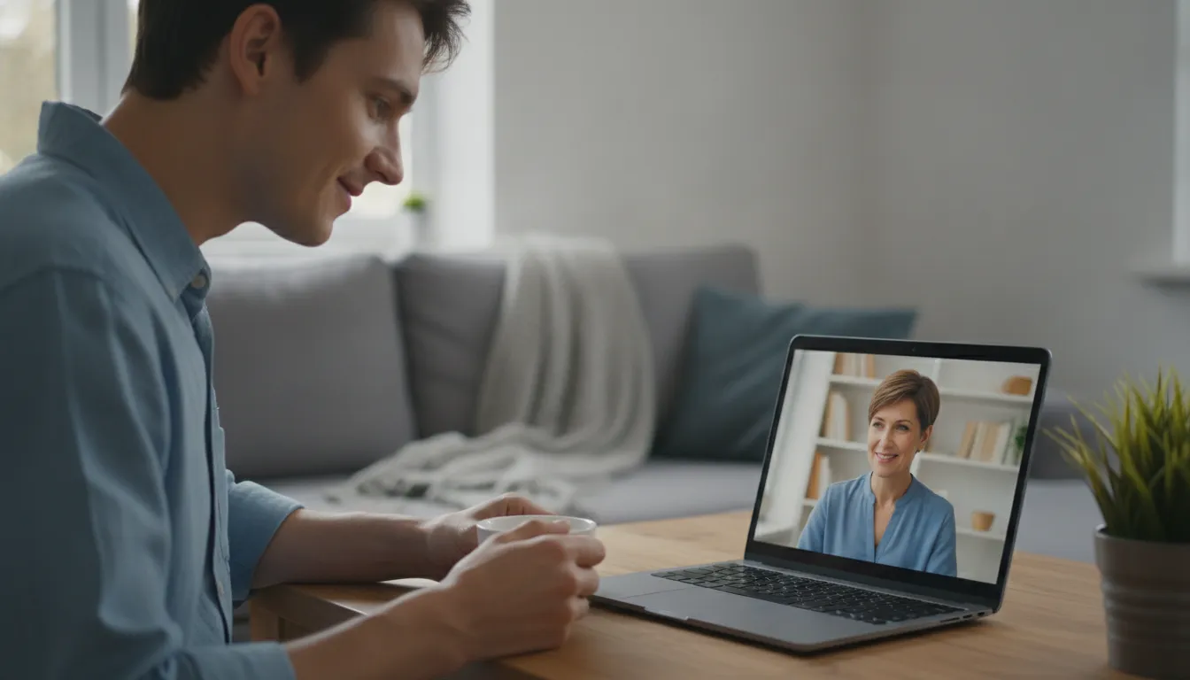 Pessoa em videochamada com terapeuta online, expressando alívio e recebendo apoio para ansiedade.