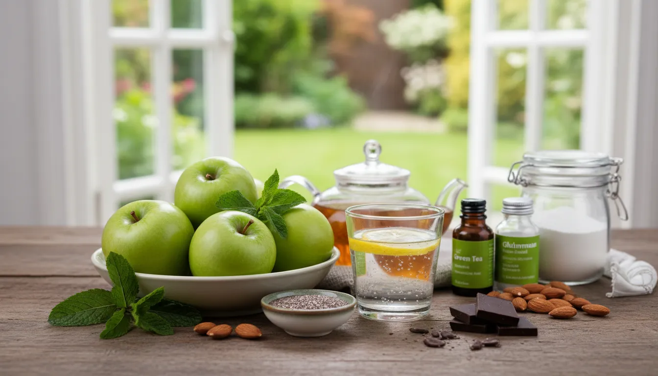 Água, chia e frutas naturais destacando alimentos que promovem saciedade.