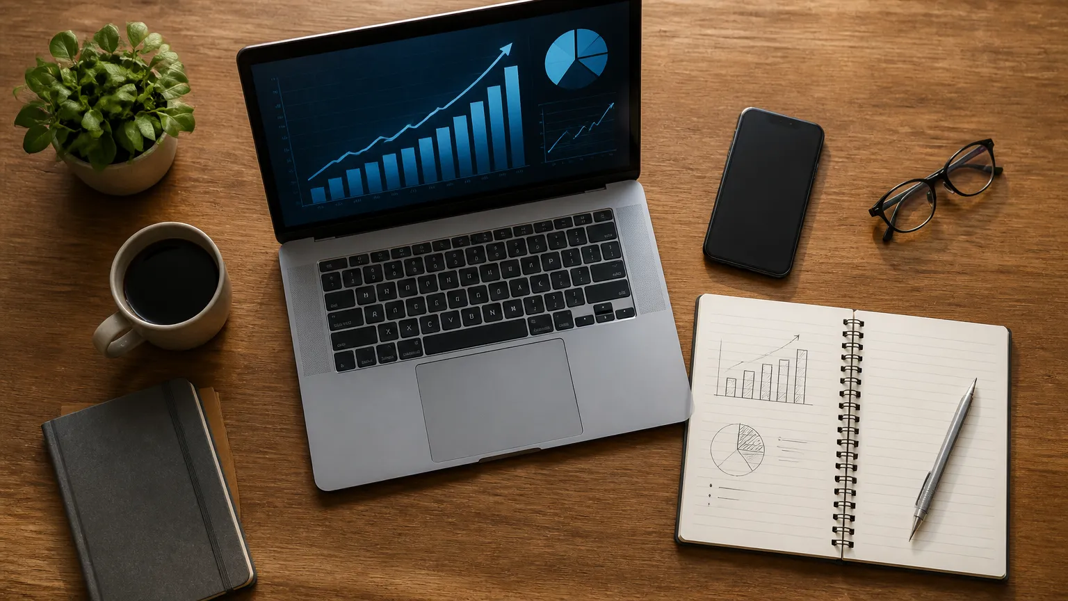 Mesa de trabalho com relatórios mostrando crescimento e desempenho das indicações financeiras.