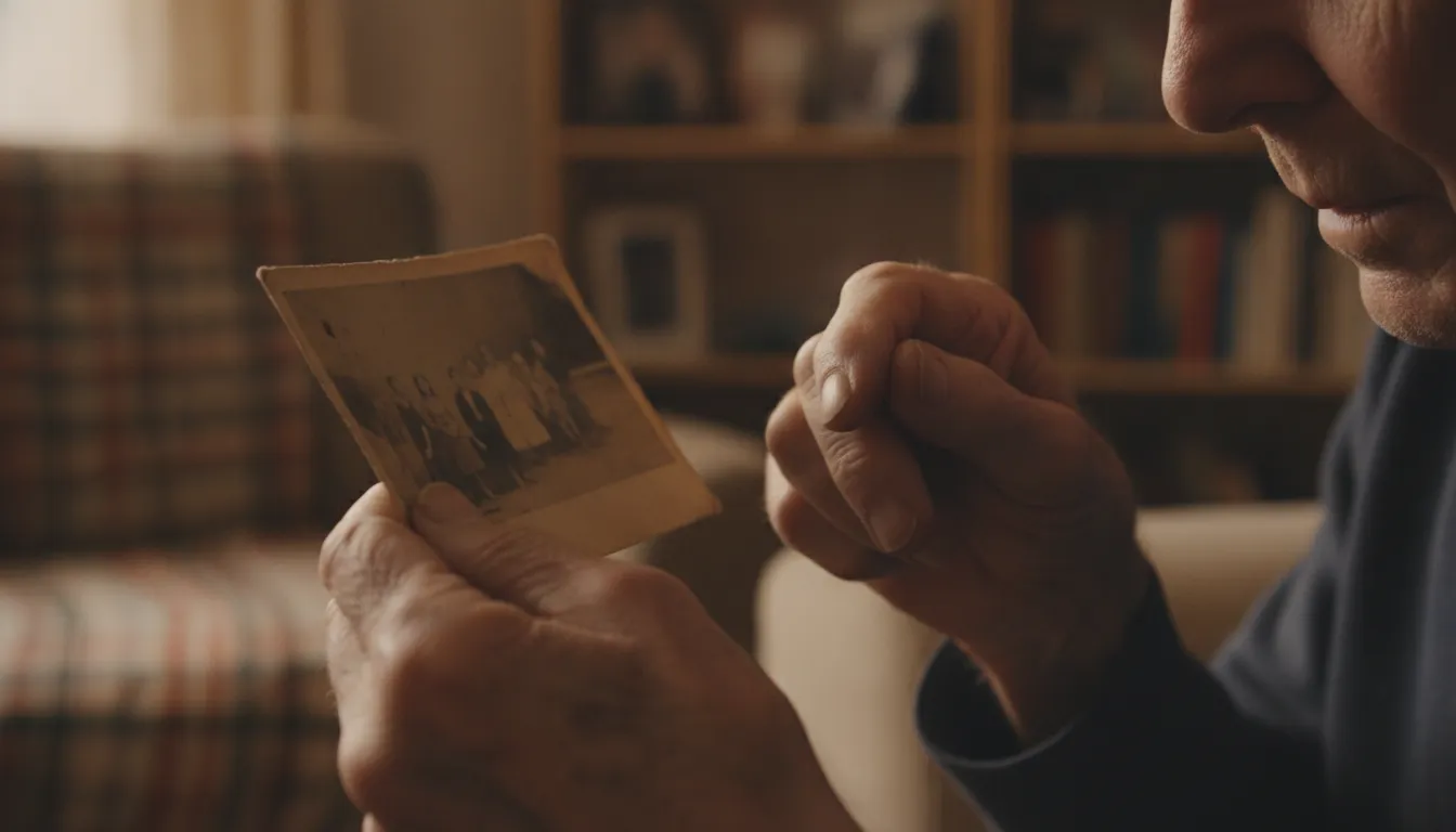 Mãos envelhecidas segurando uma foto antiga, com uma lágrima sutil, refletindo o luto e a saudade.