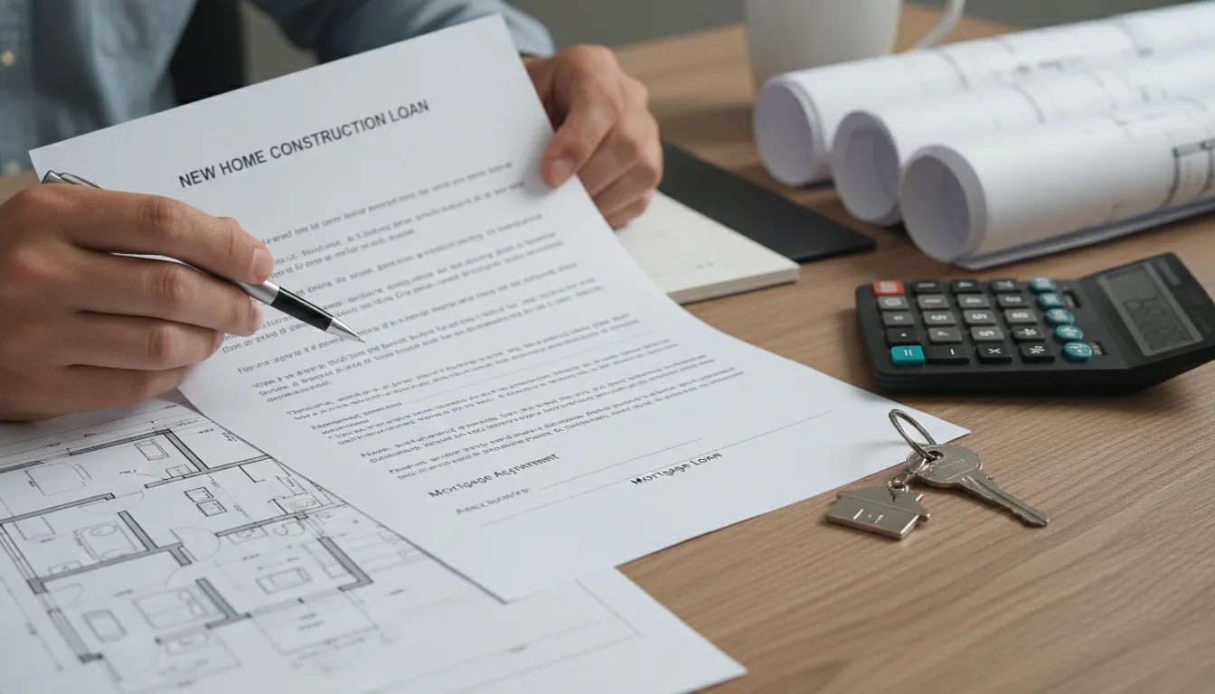 Documentos de construção, contrato de financiamento e chaves de casa evidenciam o planejamento imobiliário.