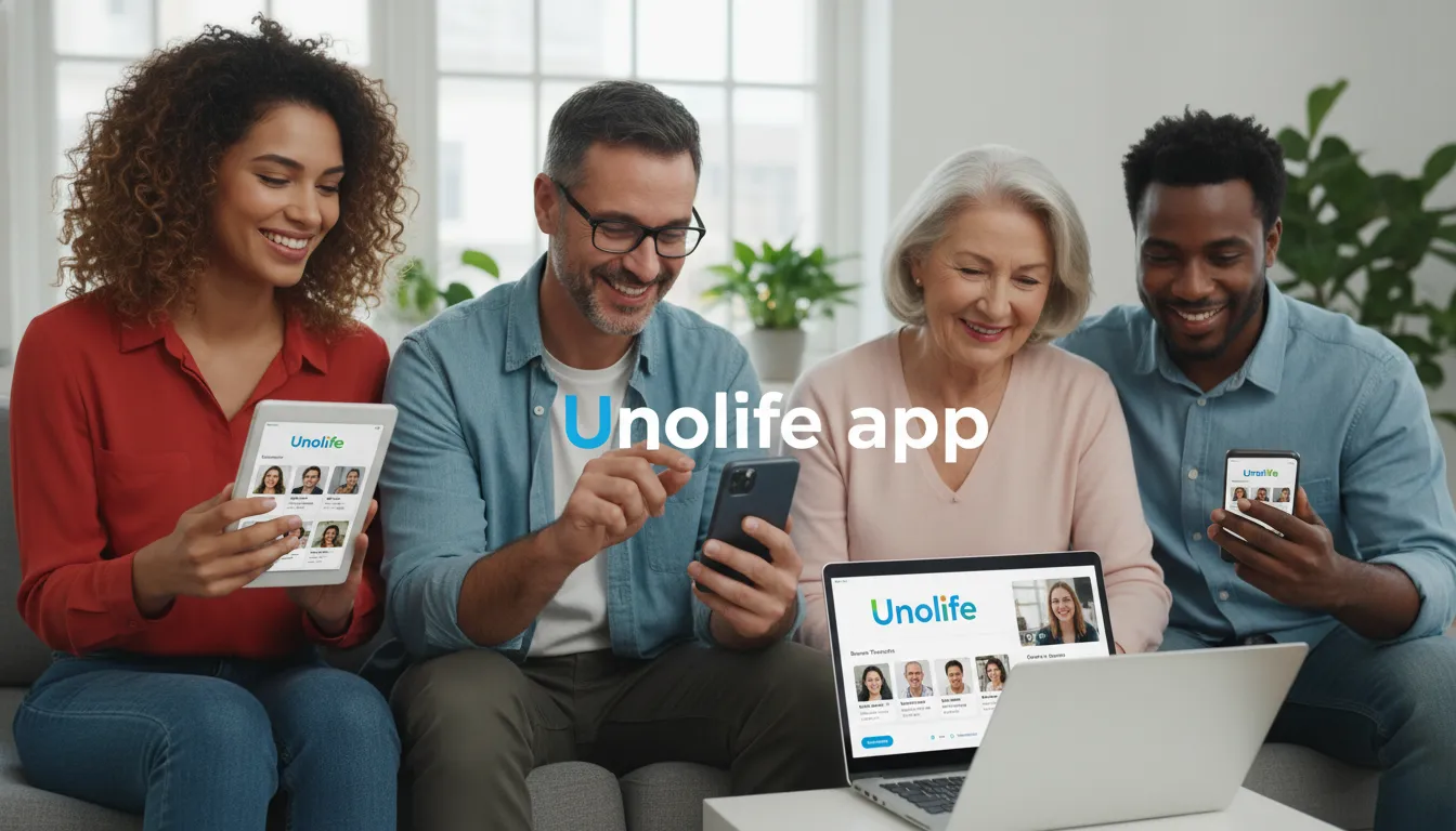 Pessoas diversas utilizando o aplicativo Unolife para acessar sessões de Terapia Cognitivo-Comportamental, demonstrando a acessibilidade e modernidade da plataforma.