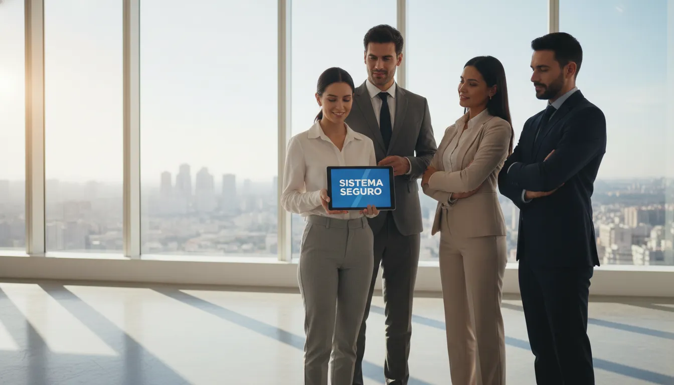 Executivos confiantes em um escritório moderno, simbolizando a tranquilidade e a segurança que a conformidade dos dados oferece.