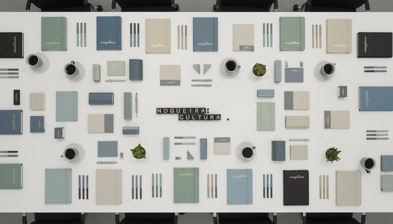 Visão aérea de uma mesa de escritório com cadernos personalizados da Nogueira Brindes, canetas e materiais de escritório, transmitindo organização e criatividade.