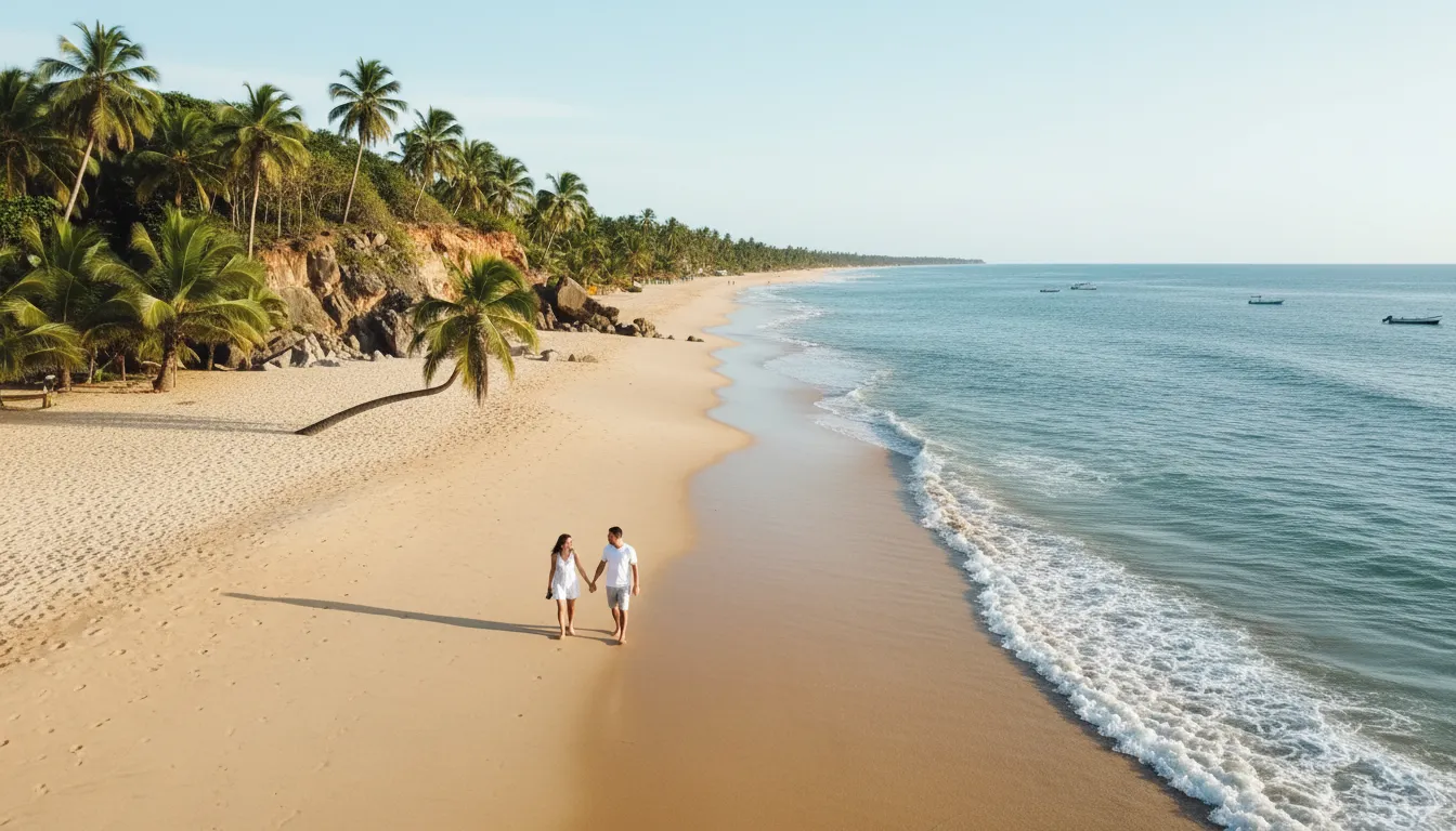 Casal caminhando na Praia do Gunga, um cenário romântico para sua viagem para Maceió com falésias e coqueiros.