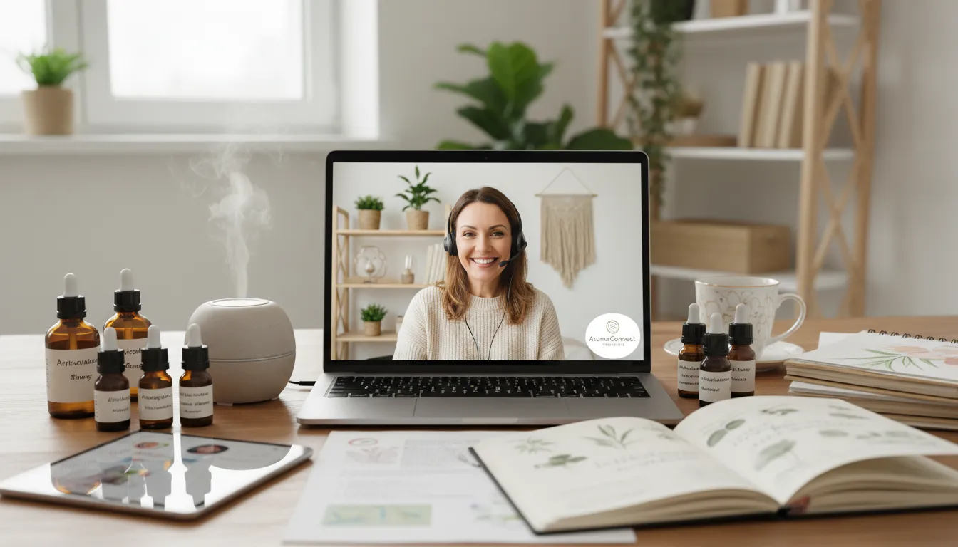 Terapeuta sorrindo em consulta online com frascos de óleos essenciais e ambiente acolhedor e profissional.