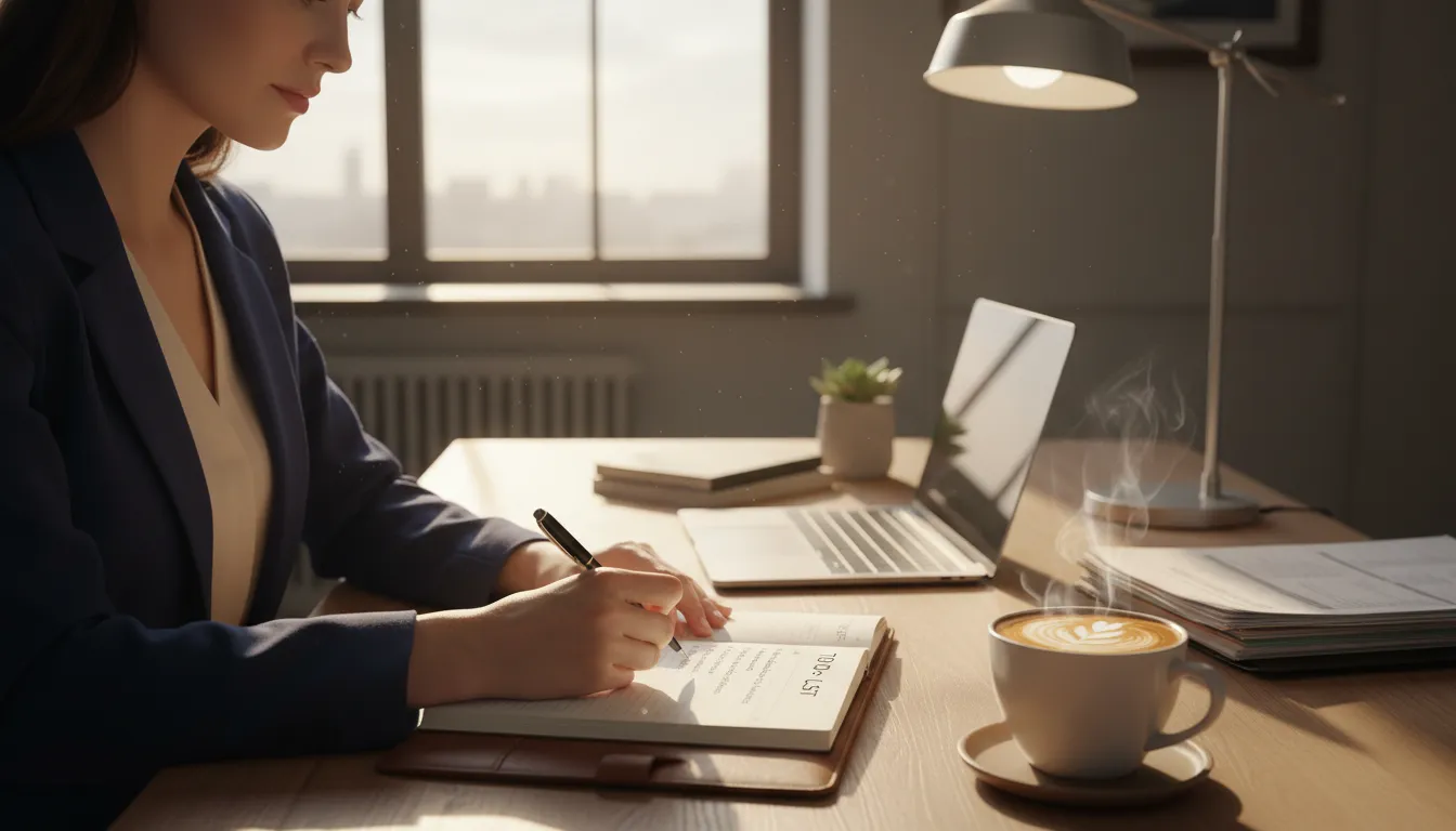 Profissional se organizando com lista de tarefas em ambiente de trabalho limpo.