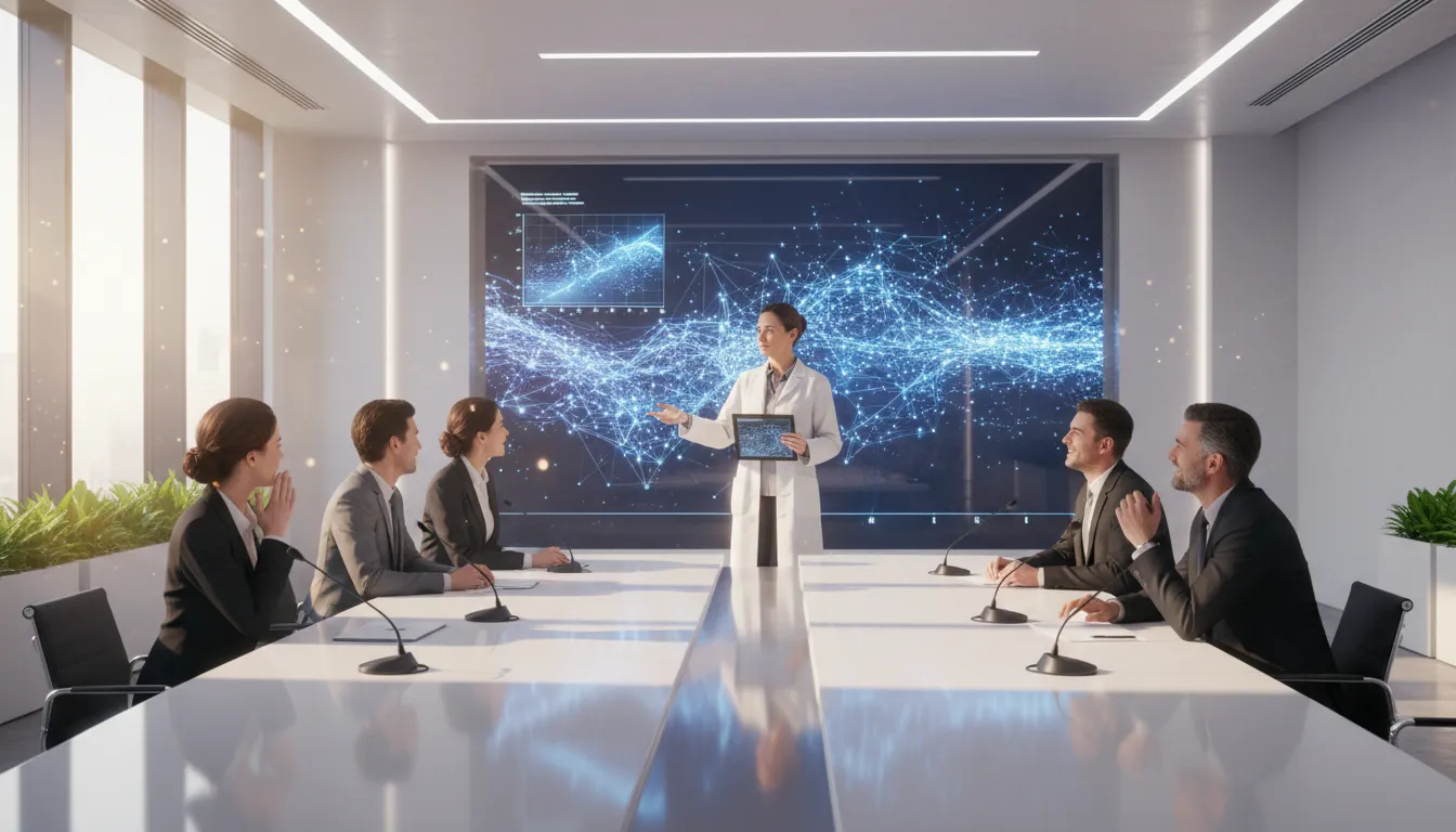 Representação digital fotorrealista de cientista apresentando resultados de **pesquisa** inovadora para um painel de especialistas em sala de conferência moderna.