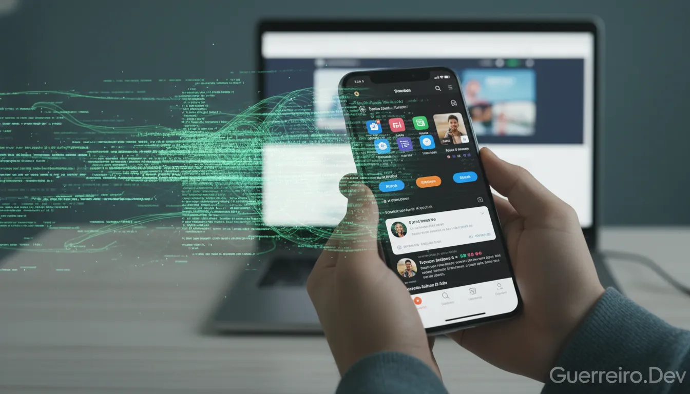 Código se transformando em um aplicativo funcional, representando o processo de desenvolvimento de software desde a concepção até a solução final.