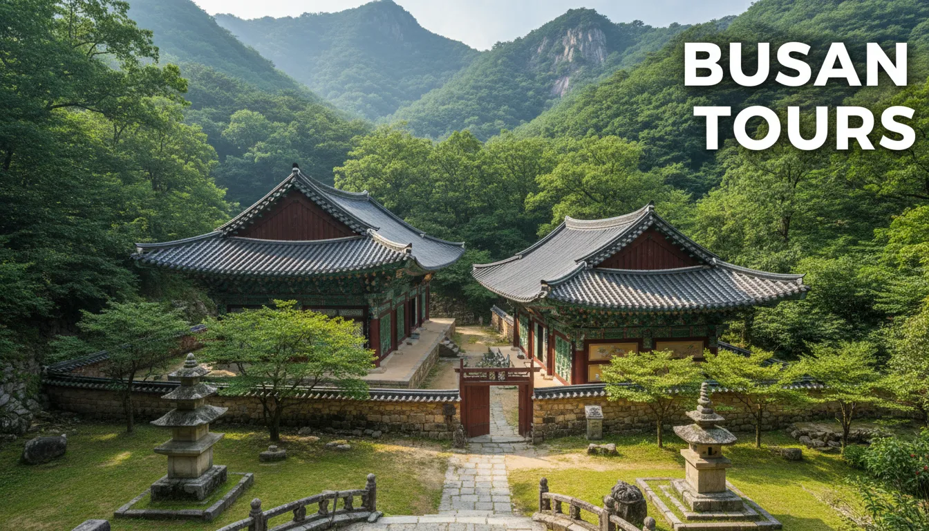 Vista serena do templo Beomeosa situado nas montanhas perto de busan coreia do sul, com arquitetura de madeira intrincada e vegetação exuberante.