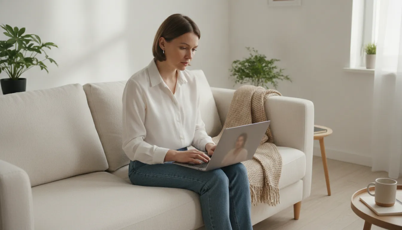 Pessoa em terapia online no laptop, em ambiente calmo, representando busca de apoio psicológico após perda gestacional.